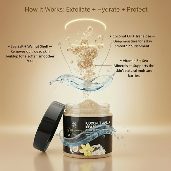 Luminous Care Coconut Vanilla Body Scrub | Sea Salt + Walnut Shell Exfoliating 2 - Picture 7 of 10